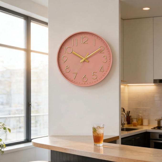 DAXSMY Wall Clock - 8 Inch Silent Non-Ticking Modern 3D Wall Clocks Battery Operated - Decorative Clock for Kitchen, Home Office, Bathroom, Bedroom(Pink)