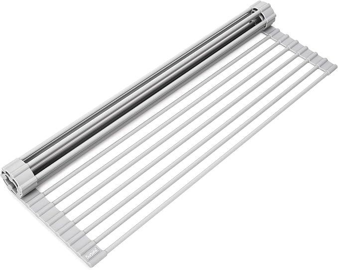 Surpahs 20.5 x 13.1 Inch Roll-Up Dish Drying Rack, Fits Across Sink Openings up to 19.5 Inches, Heavy-Duty Premium Silicone, Strong Support, Non-Slip, Heat-Resistant, Warm Gray
