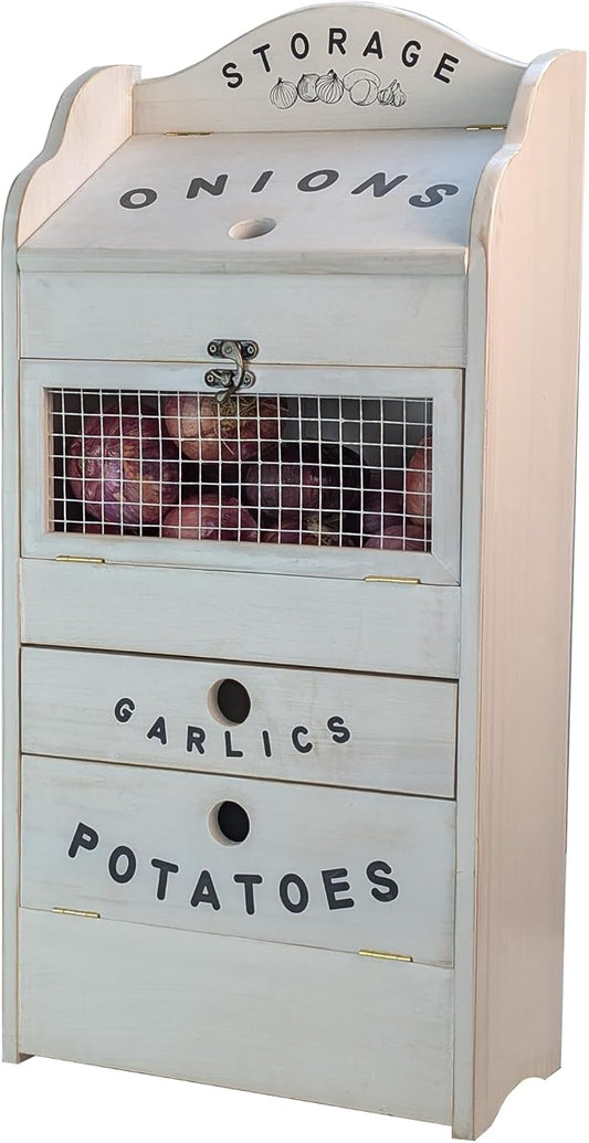 ARTAWEIN Pine Wood Veggie Bin for Potato, Onion and 1 Garlic Drawer Vegetable Box for Kitchen Storage, Solid Wood Vegetable Bin 13.77" L X 7.1" W X 29.3" H (Rustic White)