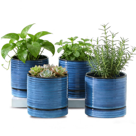 HASENSE Ceramic Indoor Plant Pots, 4.6 Inch Small Flower Planters with Drainage Hole and Saucer, Vintage Reactive Glaze Blue Pots for Succulents, Cactus, Herbs, Home Decor, Set of 4