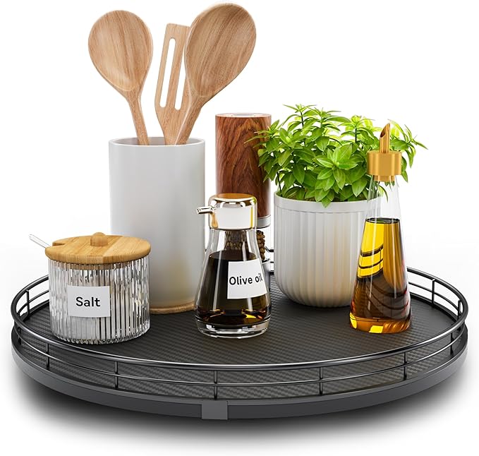 13" Lazy Susan Turntable Organizer for Table Top, Round Wooden Lazy Susan for Cabinet Kitchen Decor Centerpieces Coffee Table, Storage Condiments Spices, Bathroom Vanity Tray for Soap, Black
