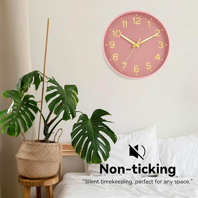 Roymnie Silent Wall Clocks Battery Operated 8 Inch-Modern Non Ticking Analog Clock Decorative for Kitchen Office Bathroom Bedroom(Pink Gold)