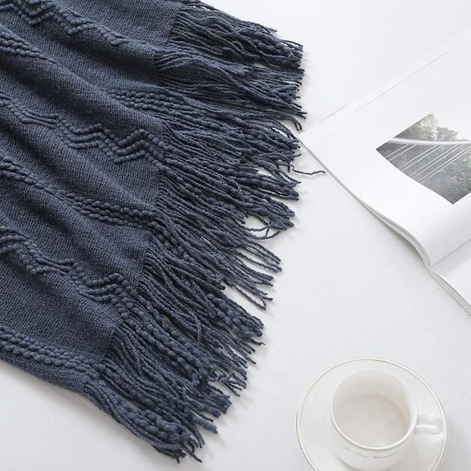 BOURINA Navy Throw Blanket 60x80 Inches Throw Textured Solid Soft Sofa Throw Couch Knitted Decorative Blanket