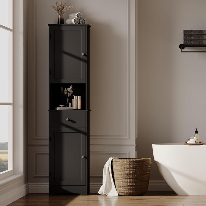 Viaozutis Tall Bathroom Cabinet, Storage Cabinet with 2 Doors & 2Drawer, with Ajustable Shelve, for Bathrooms, Kitchens,Entrances（Black）