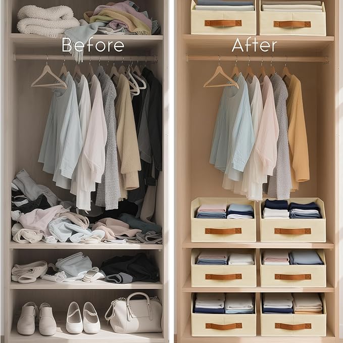Homsorout Fabric Storage Bins for Organizing - 4 Pack Large Trapezoid Collapsible Storage Bins with Front Handle, Closet Organizers and Storage for Bedroom, Home Shelves, Small Spaces, Beige