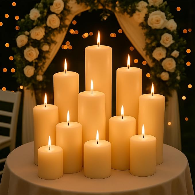Ivory Pillar Candles Set, 12 Packs, 2.8 in x 4, 6, 8 Inch Assorted Size Unscented Pillar Candles Bulk for Home Decor, Long Burning Candle for Emergency, Holiday Dinner, Dripless & Smokeless