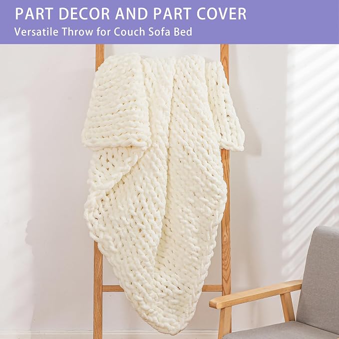 Bigacogo Chunky Knit Throw Blanket for Couch, 80x90 inches, 100% Hand Knitted with Thick Jumbo Chenille Yarn, Cozy Soft Large Rope Knot Cable Crochet Blankets for Sofa Bed Living Room, Ivory