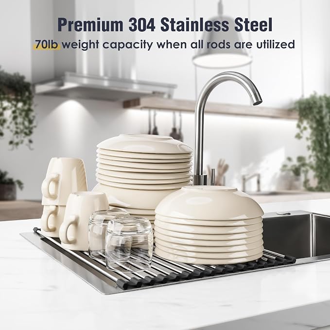 Tomorotec 17.7" x 12.5" Roll Up Dish Drying Rack Over Sink Drying Rack Sink Cover Kitchen Sink Accessories Gadget Multipurpose Organizer Foldable Stainless Steel Drainer