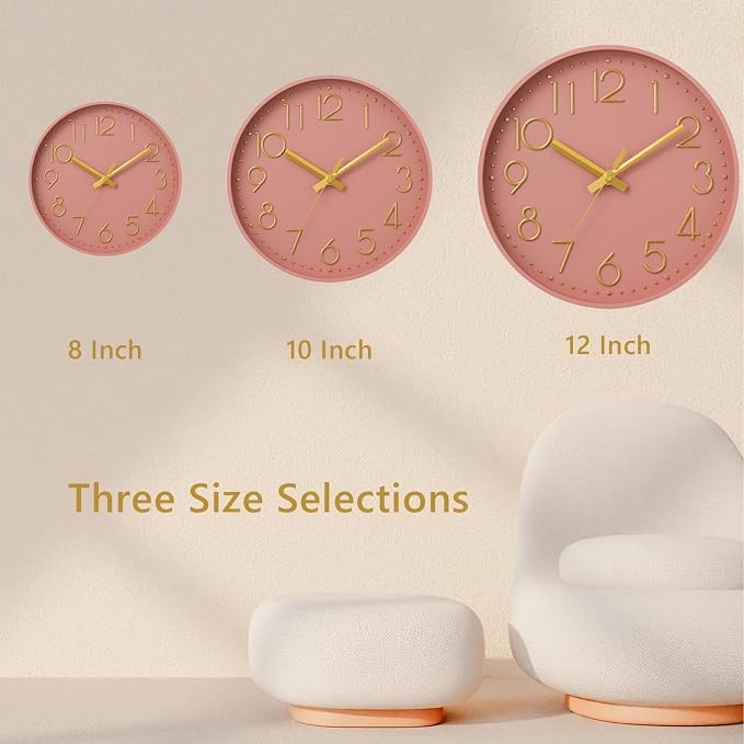 DAXSMY Wall Clock - 10 Inch Silent Non-Ticking Modern 3D Wall Clocks Battery Operated - Decorative Clock for Kitchen, Home Office, Bathroom, Bedroom(Pink)