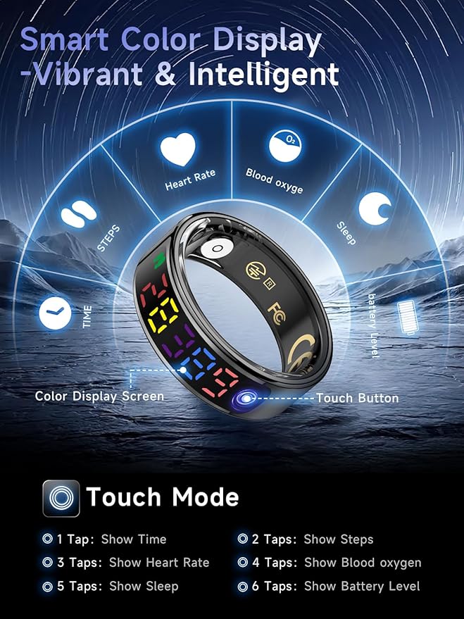 Smart Ring for Women Men, Health Ring Colorful Display, Fitness Tracker with Heart Rate, Blood Oxygen, Sleep Monitor, No Subscription Fee, 5ATM Waterproof for iOS & Android (Silver, 11)