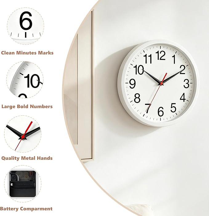 Rohioue Wall Clock Modern 8 Inch Battery Operated Silent Non Ticking Small Analog Clock Decorative for Bedroom Kitchen Bathroom Office Home (White)
