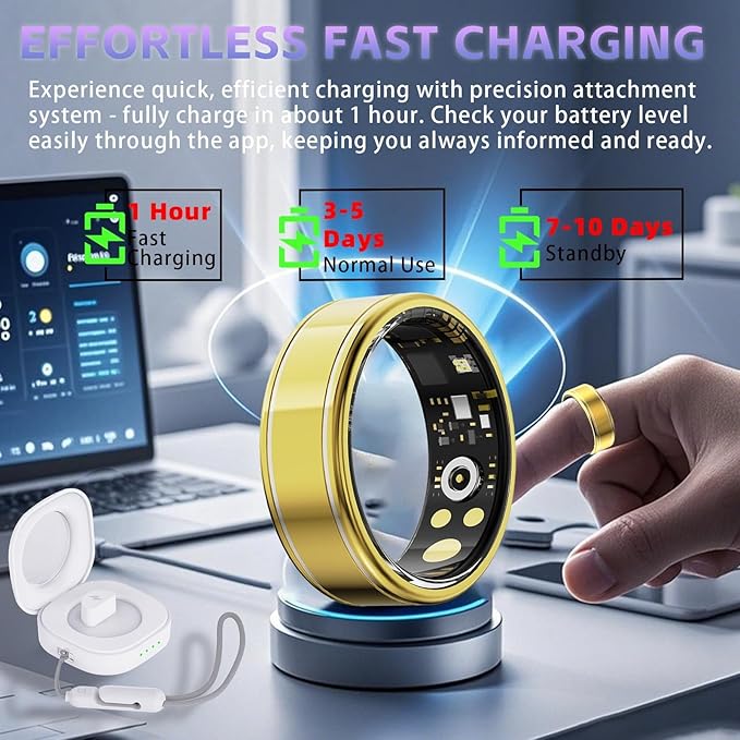 Smart Rings for Women Men ??Fitness Tracker Ring with Heart Rate, SpO2, Blood Pressure, Sleep Monitoring, Step & Calorie Counter, No Subscription Fee, 5ATM Waterproof, iOS & Android (Gold 8)