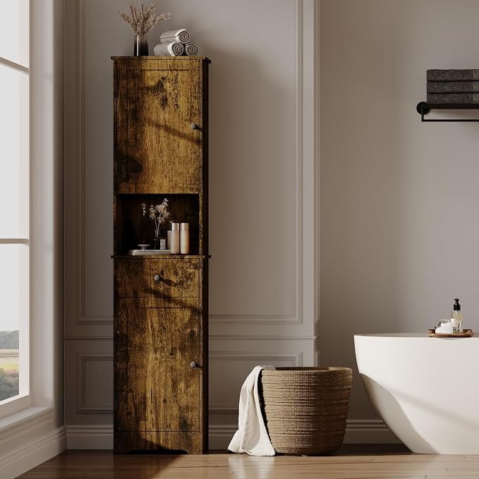 Viaozutis Tall Bathroom Cabinet, Storage Cabinet with 2 Doors & 2Drawer, with Ajustable Shelve, for Bathrooms, Kitchens,Entrances（Retro Color）