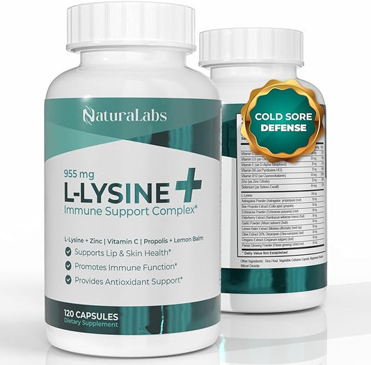 L-Lysine + Cold Sore Immune Support Supplement – with Vitamin C, Zinc, Bee Propolis, Lemon Balm & 9-in-1 Herbal Complex – Promotes Lip & Skin Health – Antioxidant Immune Formula – 120 Ct