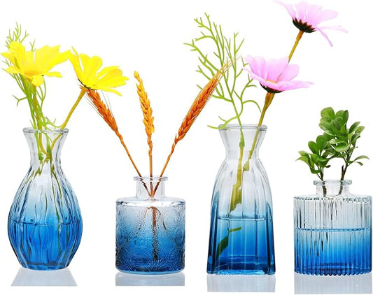 Mapoxy Glass Bud Vases Set of 4,Small Deep Blue Flower Vases for Wedding Centerpiece Table Decorations,Clear Vintage Embossed Mini Vases,Flower Arrangements in Vases for Party or Home Decor