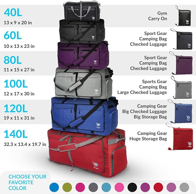 Bago Foldable Duffel Bags for Traveling Women & Men - 60L Medium Packable Duffle Bag for Travel with Shoe Compartment - Water Repellant, Heavy Duty, Lightweight Folding & Collapsible (SnowBlack)