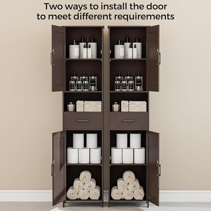 Homhedy 67" H Tall Bathroom Storage Cabinet with 2 Barn Doors and 1 Drawer, Narrow Storage Unit, Adjustable Shelves, Floor Cabinet for Bathroom, Living Room, Entryway, Kitchen, Brown, (15.7" W)