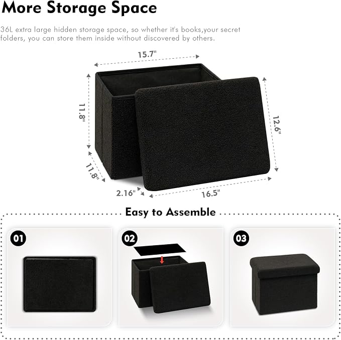 B FSOBEIIALEO Storage Ottoman Cube Small Sherpa Ottoman Foot Rest, Foldable Portable Boucle Ottomans, Faux Teddy Fur, Black 16.5"x12.6"x12.6"