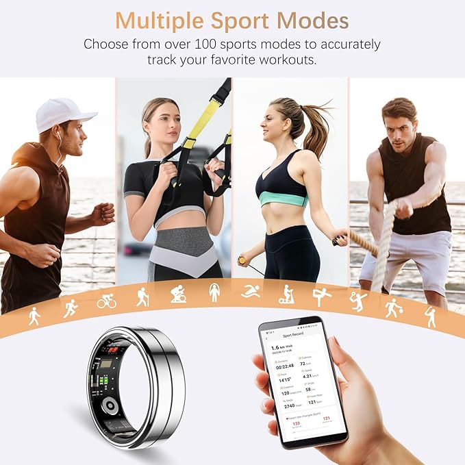 Fit Ring, Smart Health Rings for Women Men with Heart Rate,Blood Oxygen,HRV,Stress Level, Sleep Monitor, Step Tracker, No Subscription Fee, IP68 Waterproof Smart Ring for iphone &Android (Silver, 11#)