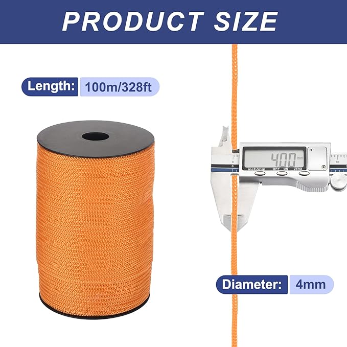 MECCANIXITY 5/32 Inch Polypropylene Rope Braided Ropes, 328ft Camping Rope Hollow Utility Cord for Clothesline, Hiking, Outdoor, Light Orange
