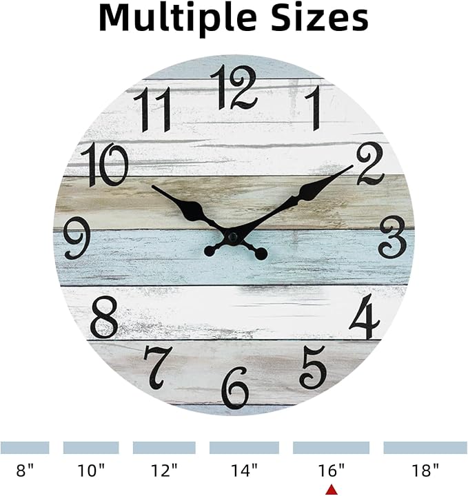 CHYLIN Wall Clock - 16 Inch Silent Non Ticking Coastal Wall Clocks Battery Operated, Wooden Rustic Farmhouse Clock Decorative for Living Room, Kitchen, Bathroom, Office (Blue)
