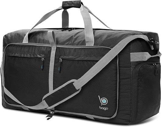 Bago Large Foldable Duffel Bags for Traveling Women & Men - 120L Packable Duffle Bag for Travel with Shoe Compartment - Water Repellant, Heavy Duty, Lightweight Folding & Collapsible (Black)