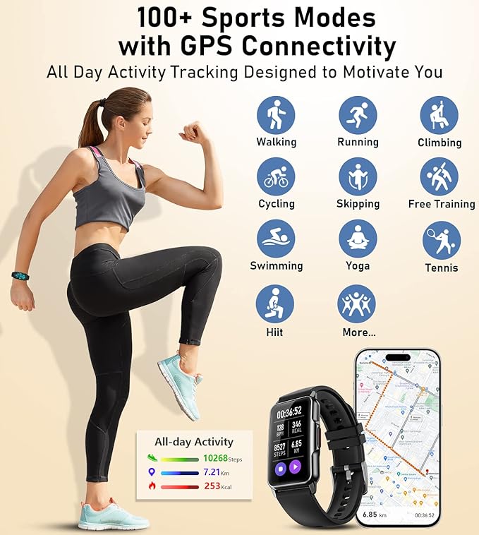 Smart Watch Health Fitness Tracker with 24/7 Heart Rate, Blood Oxygen Blood Pressure Sleep Monitor, 115 Sports Modes, Step Calorie Counter Pedometer IP68 Waterproof for Android and iPhone Women Men