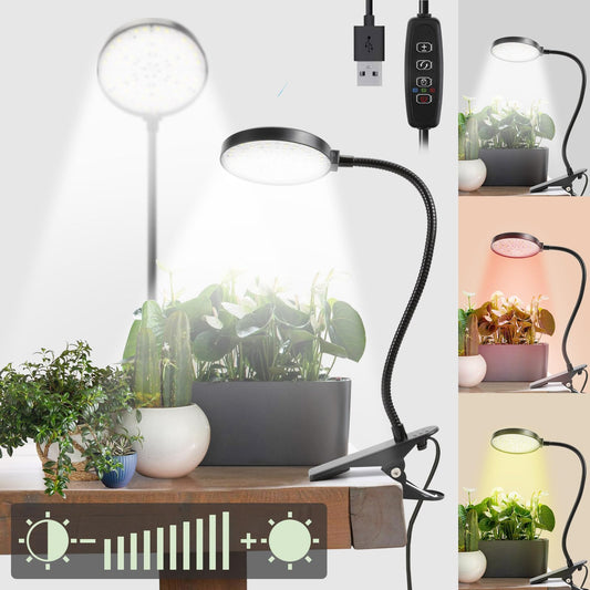 Bufccy Indoor Plant Grow Light, 6000K Full Spectrum LED, Auto On/Off Timer, 9 Dimming Levels, 360 Adjustable Gooseneck, Modern Style, Black