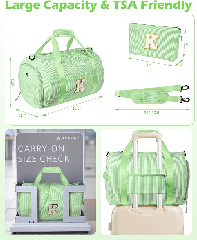 Girls Cheer Up Gifts, Girl Gym Bag, Kids Monogram Overnight Duffel Bags with Shoe Compartment, Personalized Travel Bag with Makeup Pouch, Dance Gift for Niece Daughter (Letter K)