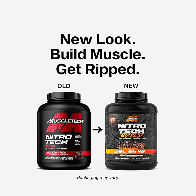 Muscletech Whey Protein Powder (Chocolate Fudge Brownie, 4LB) - Nitro-Tech Ripped Whey Protein Isolate & Peptides Smoothie Mix for Lean Muscle - 30g of Whey Protein for Women & Men, Packaging May Vary