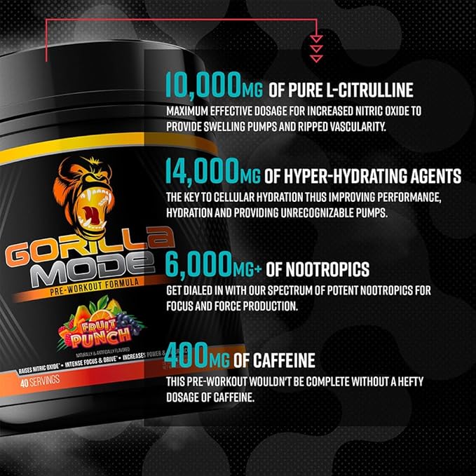 Gorilla Mind Pre Workout - Massive Pumps Laser Focus Energy Power - L-Citrulline, Creatine, L-Tyrosine, Betaine, Hydroprime, Alpha-GPC, 400mg Caffeine, Huperzine A - 800g (Tigers Blood)