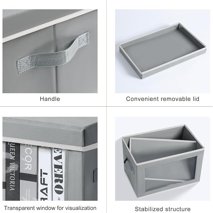 Homsorout Large Storage Bins with Lids - Stackable Cube Bins for Closet, 4 Pack Clear Windows Fabric Organizer Bins, Home Organizers and Storage for Clothes, CD, Towels, Grey