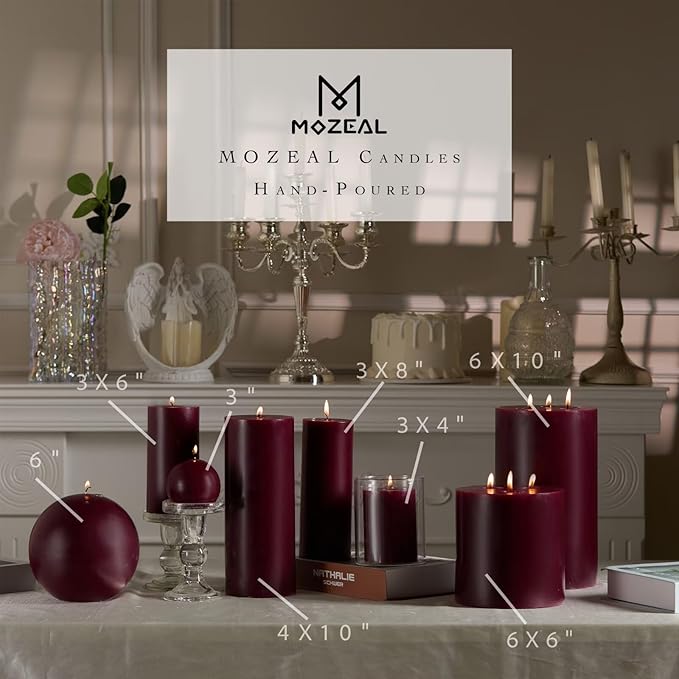 MOZEAL 3" x 6" Hand-Poured Unscented Candle, Dripless Pillar Candle Set of 3, Long Lasting Burning,Approx 120 Hours Burn Time, Rustic Country Style, for Romantic Dinners, Valentine's Elegance,Burgundy