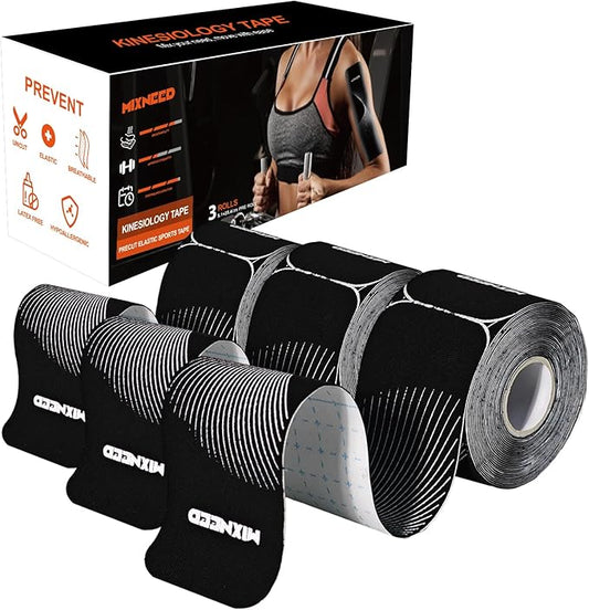 Precut Kinesiology Tape - 60 Strips (3 Rolls) | Waterproof Kinesiology Tape for Muscle & Joint Support, Athletic Knees, Shoulders, Back Pain Relief | Sport Tape for Weightlifting, Running