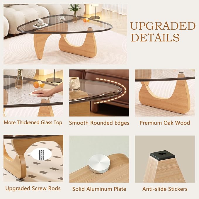 Coffee Table for Living Room Mid Century Modern Center Small Table with Glass Top and Wood, Original Transparent(45 Inch)