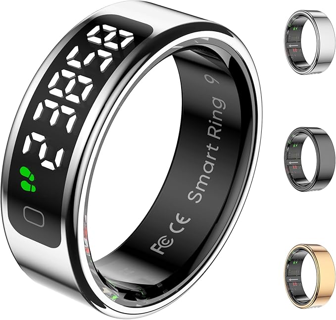 Smart Ring Health Tracker with Display Screen, Sleep Tracker with Heart Rate, Fitness Ring Step Tracker for Activity Monitoring/Steps/Calories,Wireless Charging, for iOS Android (Silver,12#)