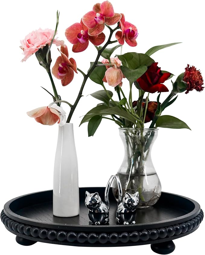 FramePro Decorative Tray 12in Round Wood Beaded - Black Serving Tray Risers for Living Room, Coffee Table, Kitchen or Farmhouse Display