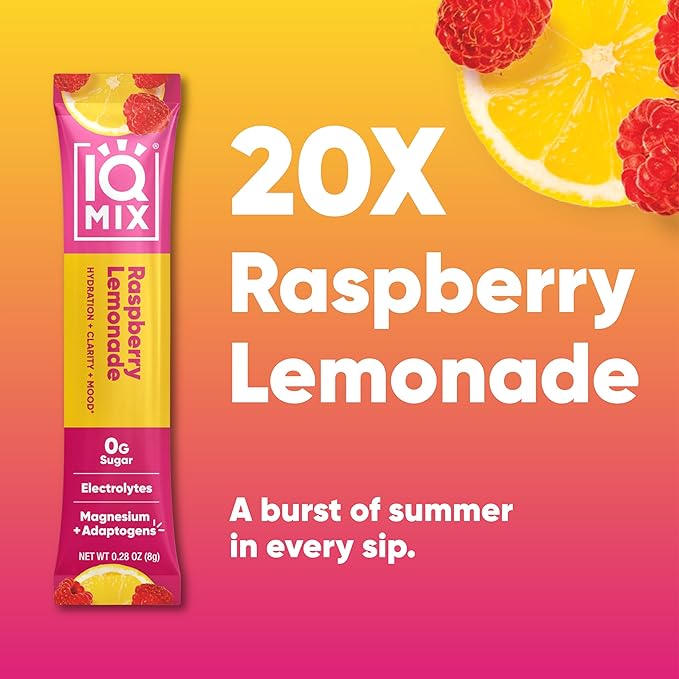 IQMIX Hydration Electrolyte Powder – 4-in-1 Formula for Hydration, Mental Clarity, Mood and Recovery – Sugar-Free Drink Mix, Keto, Magnesium L-Threonate, Lion’s Mane – 20 Count New Raspberry Lemonade