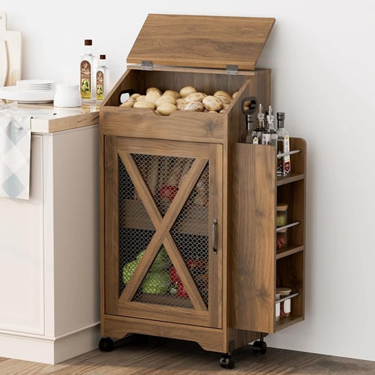 Potato and Onion Storage Bin, Movable Fruit and Vegetable Bin with Spice Rack, Wooden Large Bread Box, Farmhouse Potato Storage Cabinet for Kitchen, Pantry