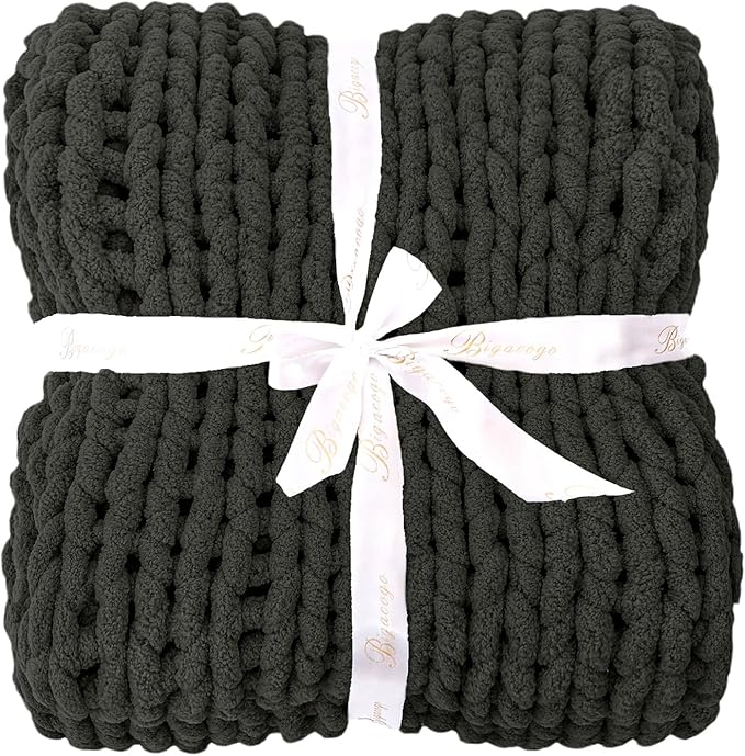 Bigacogo Chunky Knit Throw Blanket for Couch, 51x63 inches, 100% Hand Knitted with Thick Jumbo Chenille Yarn, Cozy Soft Large Rope Knot Cable Crochet Blankets for Sofa Bed Living Room, Dark Grey