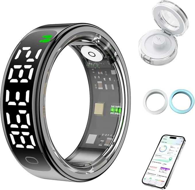Smart Health Ring for Women Men, Smart Ring Fitness Tracker for iOS Android, Heart Rate, Blood Oxygen, Blood Pressure, Sleep Monitoring,5ATM Waterproof, No Subscription Fee (Black, 8#)