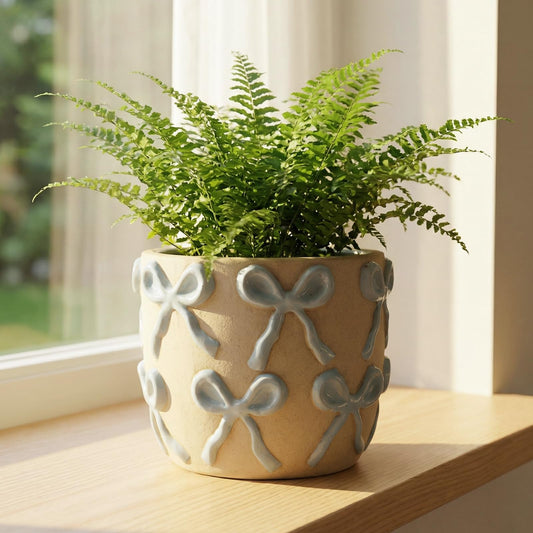 Yokiiimakiii Ceramic Flower Pots for Indoor and Outdoor Plants, Succulent Orchid Round Clay and Terracotta Planter for Garden Home Modern Decoration 5.3 Inch (Blue Bow, Without Saucers)