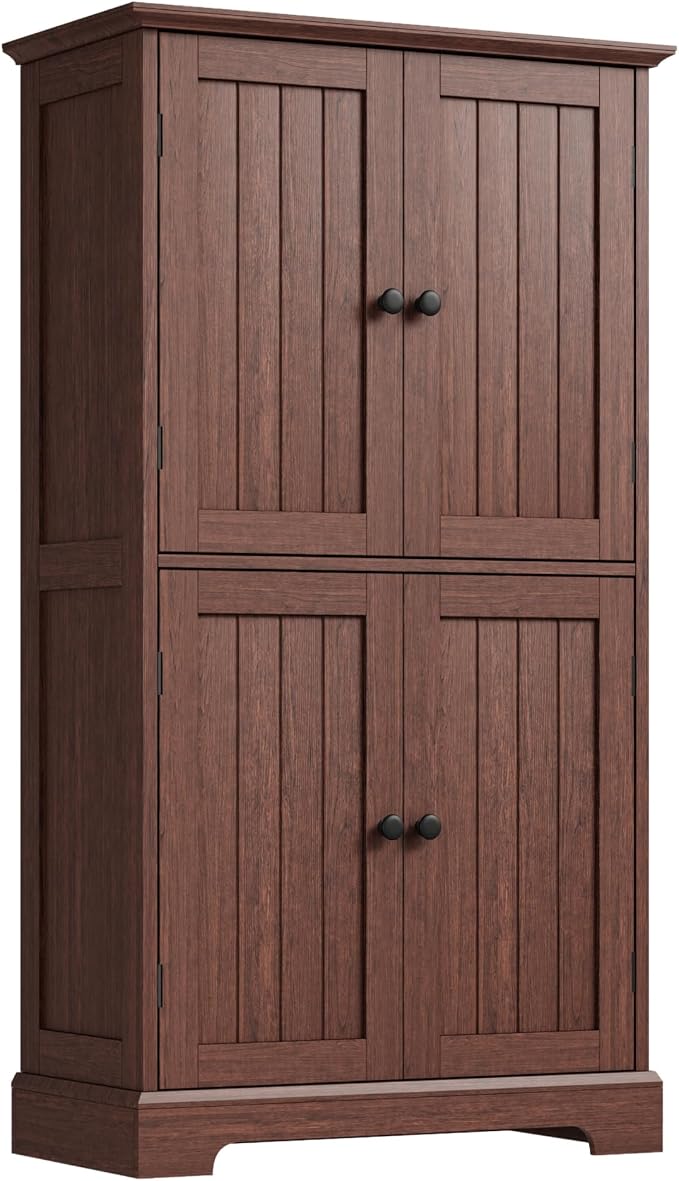 ChooChoo Bathroom Floor Cabinet, Farmhouse Bathroom Storage Cabinet with 4 Doors and Adjustable Shelves, Pantry Cabinet for Living Room, Kitchen, Walnut