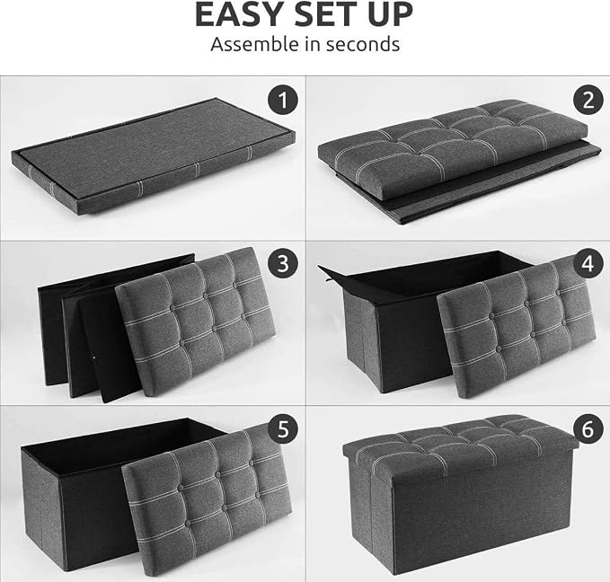 YOUDENOVA 30 inches Folding Ottoman, Ottoman with Storage Footrest Seat Support 350lbs, Storage Bench for Living Room Bedroom, Linen Fabric Grey