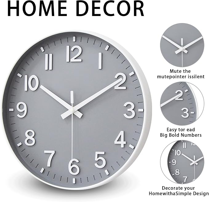 HZDHCLH Wall Clocks Battery Operated,Wall Clock Gray,14 inch Wall Clock Silent Non Ticking Modern 3D Numbers for Kitchen Bedroom Living Room Office Classroom Decor