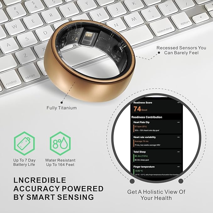 Smart Ring, Activity Trackers, Sleep Ring, Fitness Tracking, Stress Tracker, Heart Rate, Meditation, Temperature, Respiratory, No App Subscription, Women, Men, iOS, Android (Rosegold, 13)