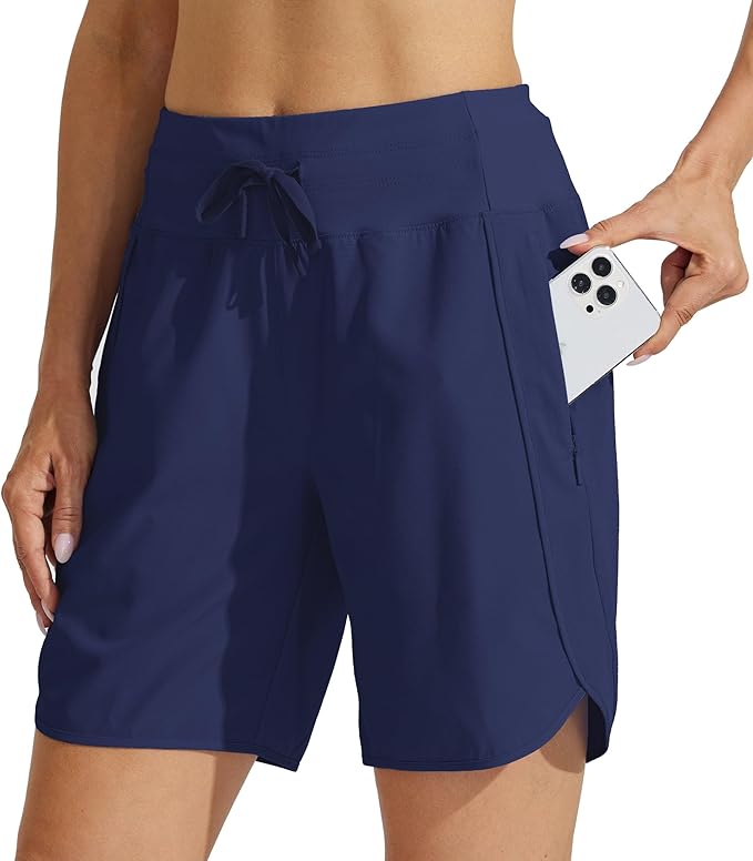 Willit Women's 7" Athletic Running Shorts Long Workout Hiking Shorts Quick Dry High Waisted Active Zipper Pocket(Large)