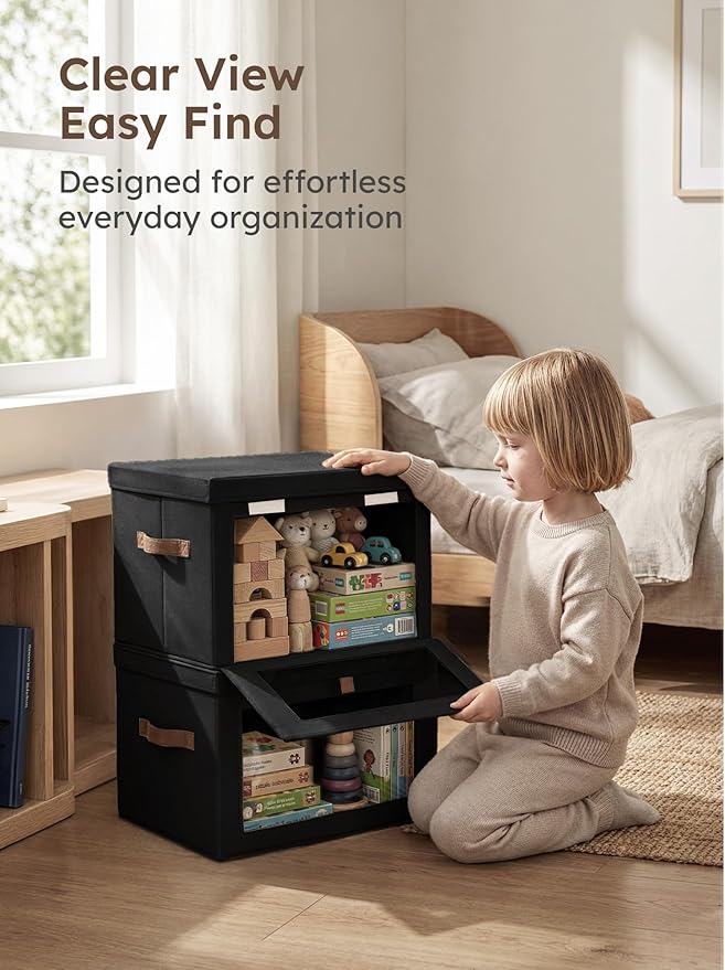 Homsorout Medium Fabric Storage Bins - Closet Shelf Organizer with Open Window, 4 Pack Closet Baskets for Shelves, Stackable Decorative Boxes for Home, Dorm, Black, 13.7" x 9.8” x 9.8"