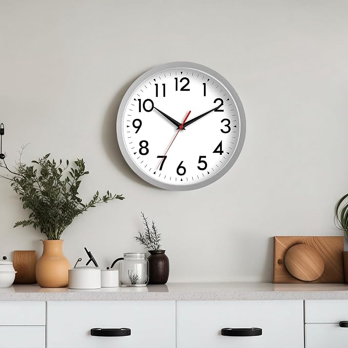 DAXSMY 14 Inch Wall Clock Large Battery Operated Big Silent Non Ticking Analog Decorative for Living Room Office Kitchen Outdoor Classroom Bedroom Bathroom School Home(Silver)
