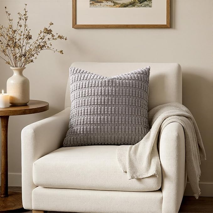 MIULEE Pack of 2 Corduroy Decorative Euro Sham Throw Pillow Covers 24x24 Inch Soft Boho Striped Pillow Covers Modern Farmhouse Home Decor for Sofa Living Room Couch Bed Light Grey
